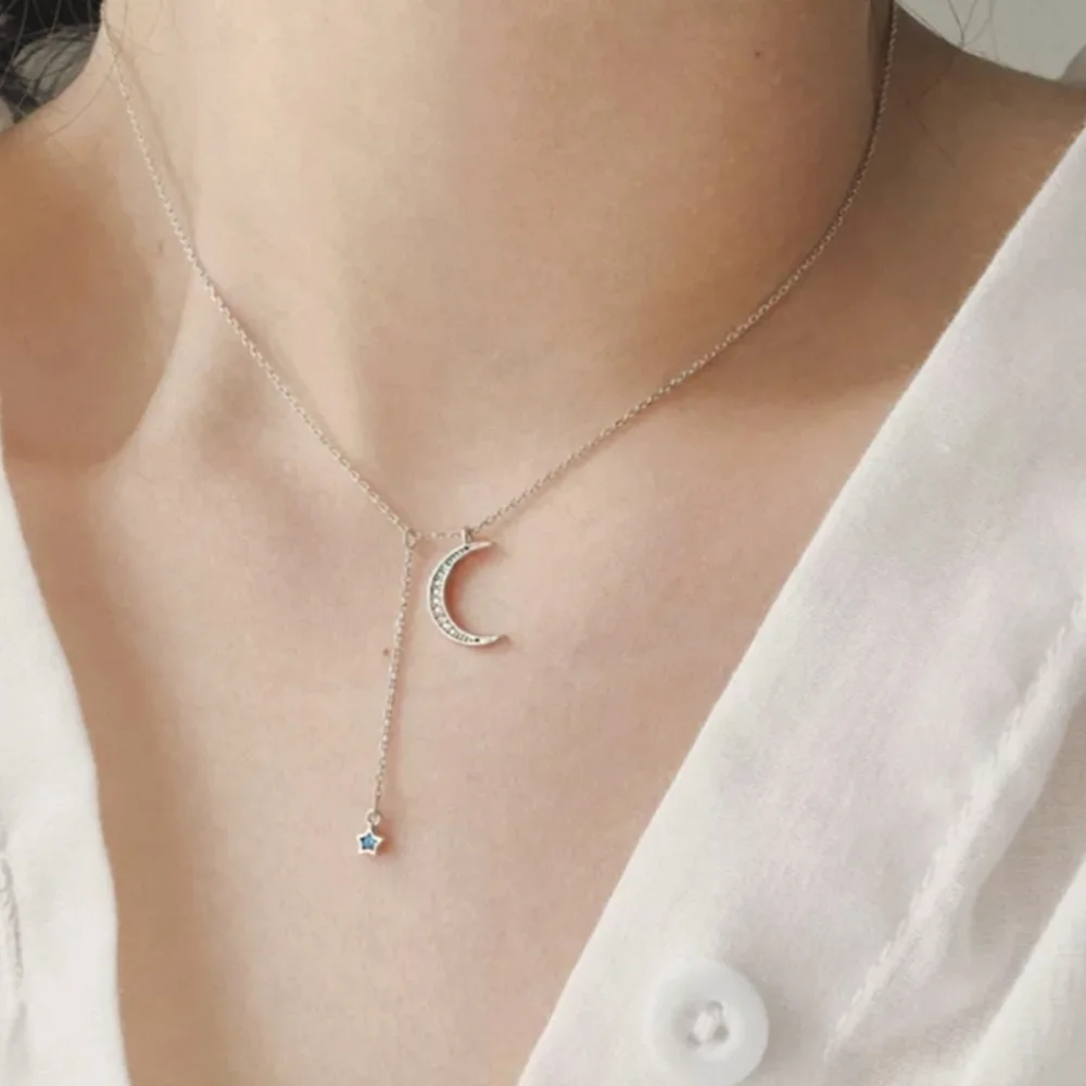 Pretty Silver Moon Blue Dangle Star Pendant Necklace - Picture 4 of 4